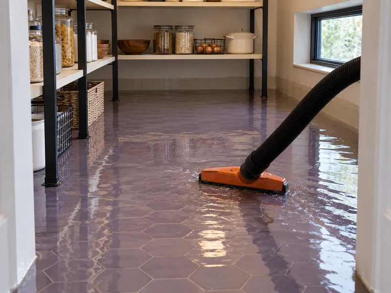 Water Extraction in Cedar Hill — pickup hose in a flooded pantry