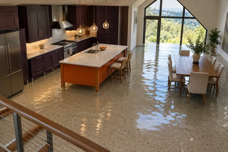 Water Extraction in Cedar Hill — pooled water across a plum-cabinet kitchen